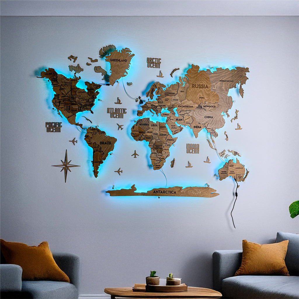 Drewniana mapa świata 3D LED wielowarstwowa, kolor Brown