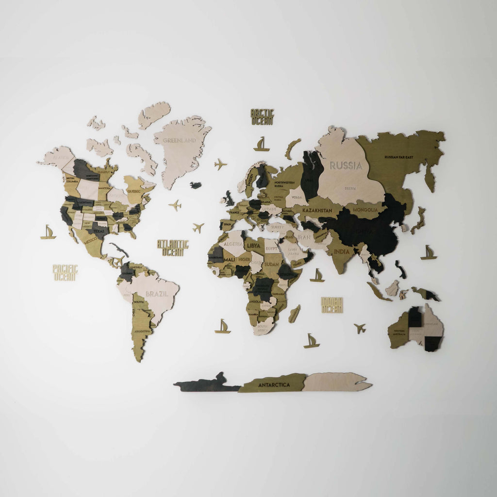 Drewniana mapa świata 3D wielowarstwowa, kolor Verde