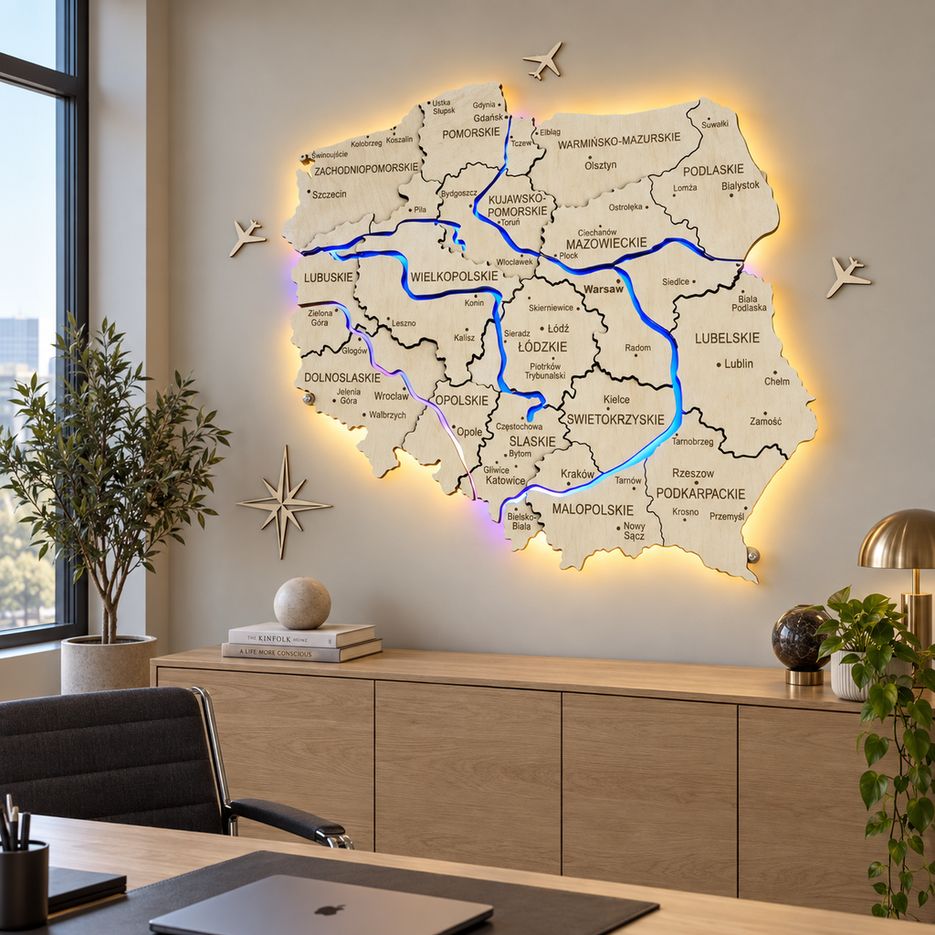 Wielowarstwowa mapa Polski z podświetlonymi rzekami, kolor Natural
