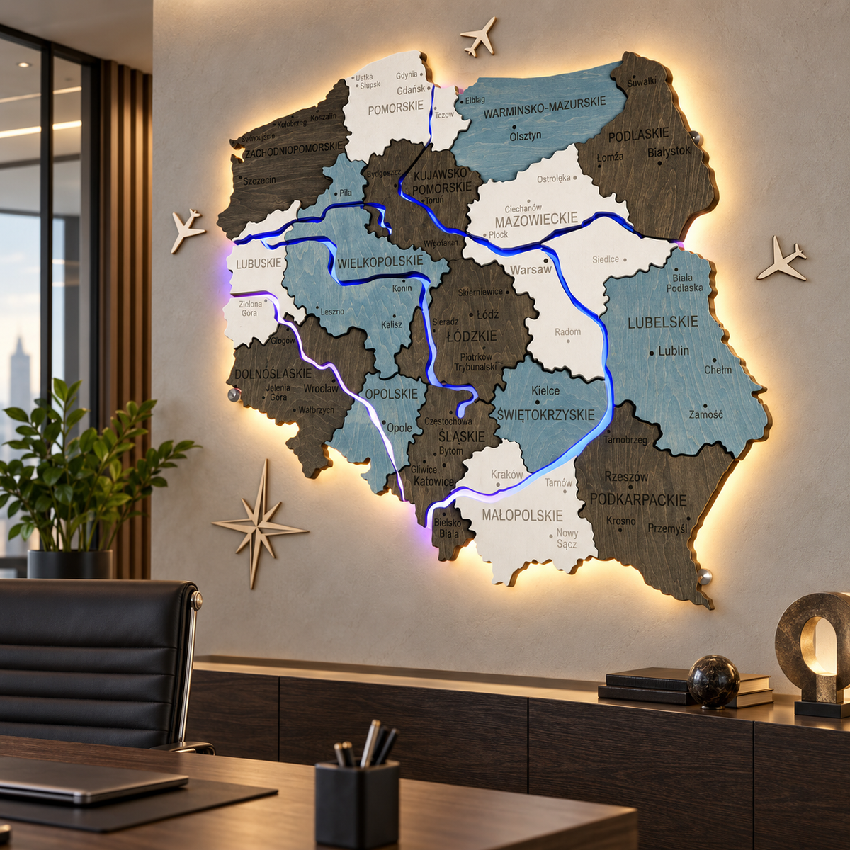 Wielowarstwowa mapa Polski z podświetlonymi rzekami, kolor Loft