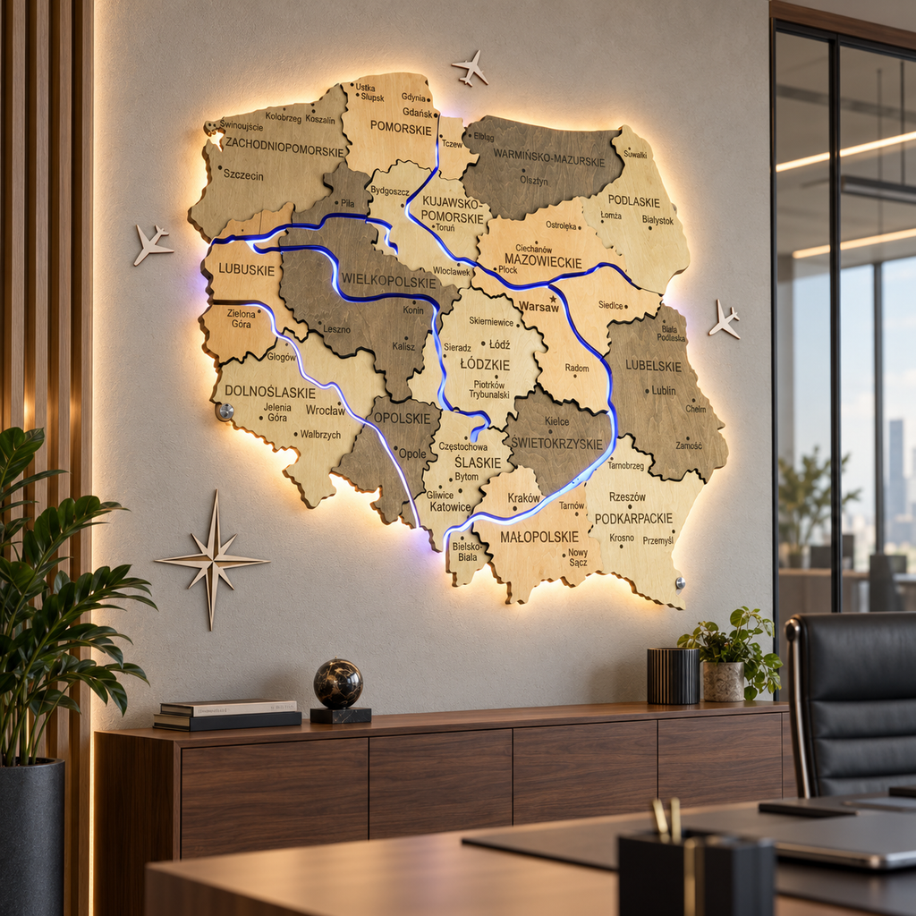 Wielowarstwowa mapa Polski z podświetlonymi rzekami, kolor Light Tree