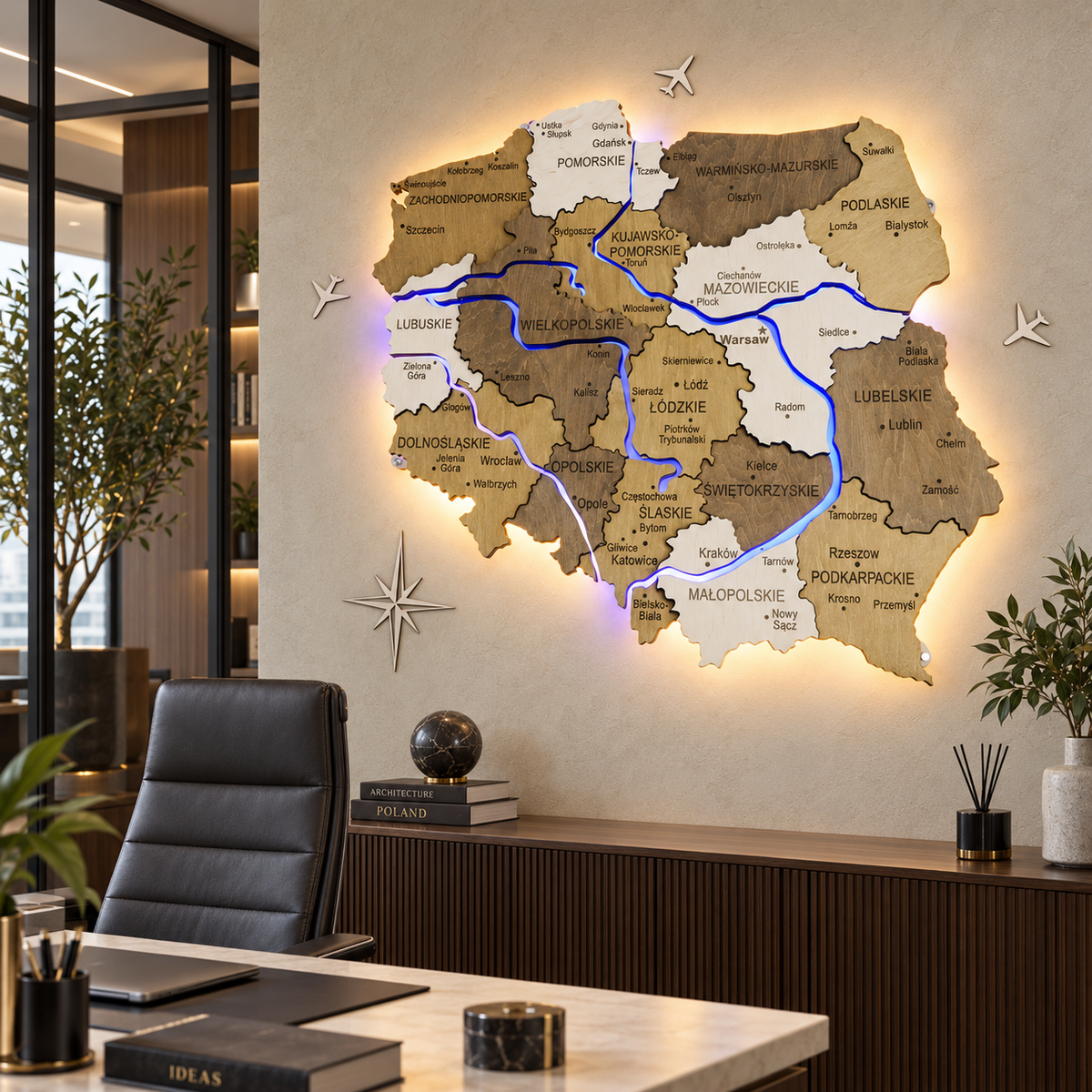 Wielowarstwowa mapa Polski z podświetlonymi rzekami, kolor Wonder