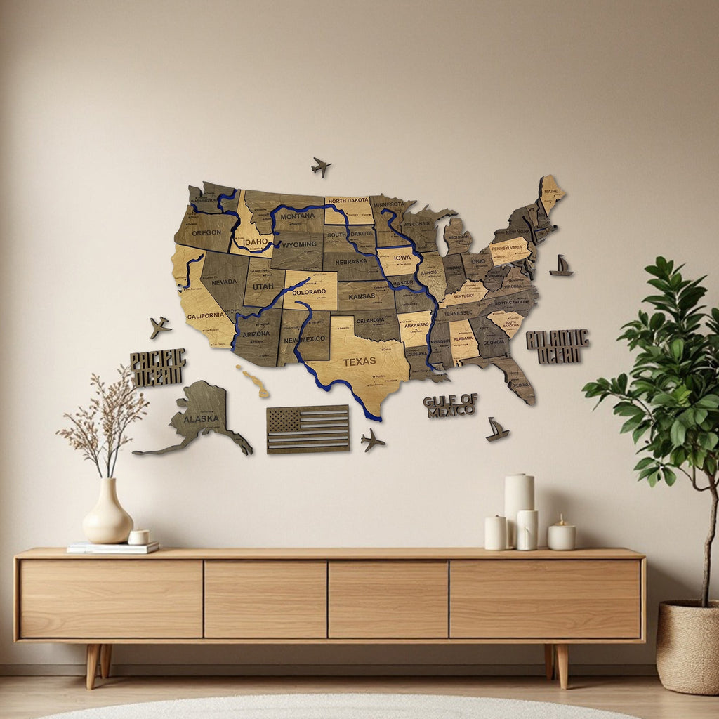 Wooden USA Map – With Rivers, color Elis — buy | FACTURA