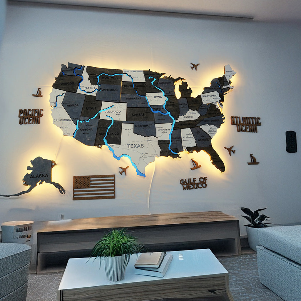 Wooden USA Map With LED – With Rivers, color Loft — buy | FACTURA