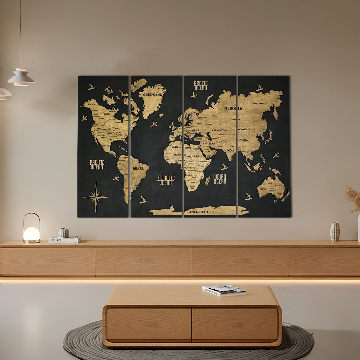 Wooden World Map Panel 6 for Wall with LED Lighting — buy | FACTURA