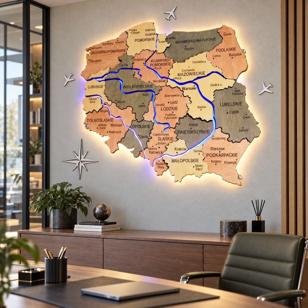 Wielowarstwowa mapa Polski z podświetlonymi rzekami, kolor Warm