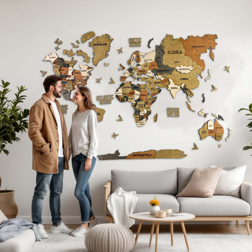 Drewniana mapa świata 3D wielowarstwowa, kolor Classic