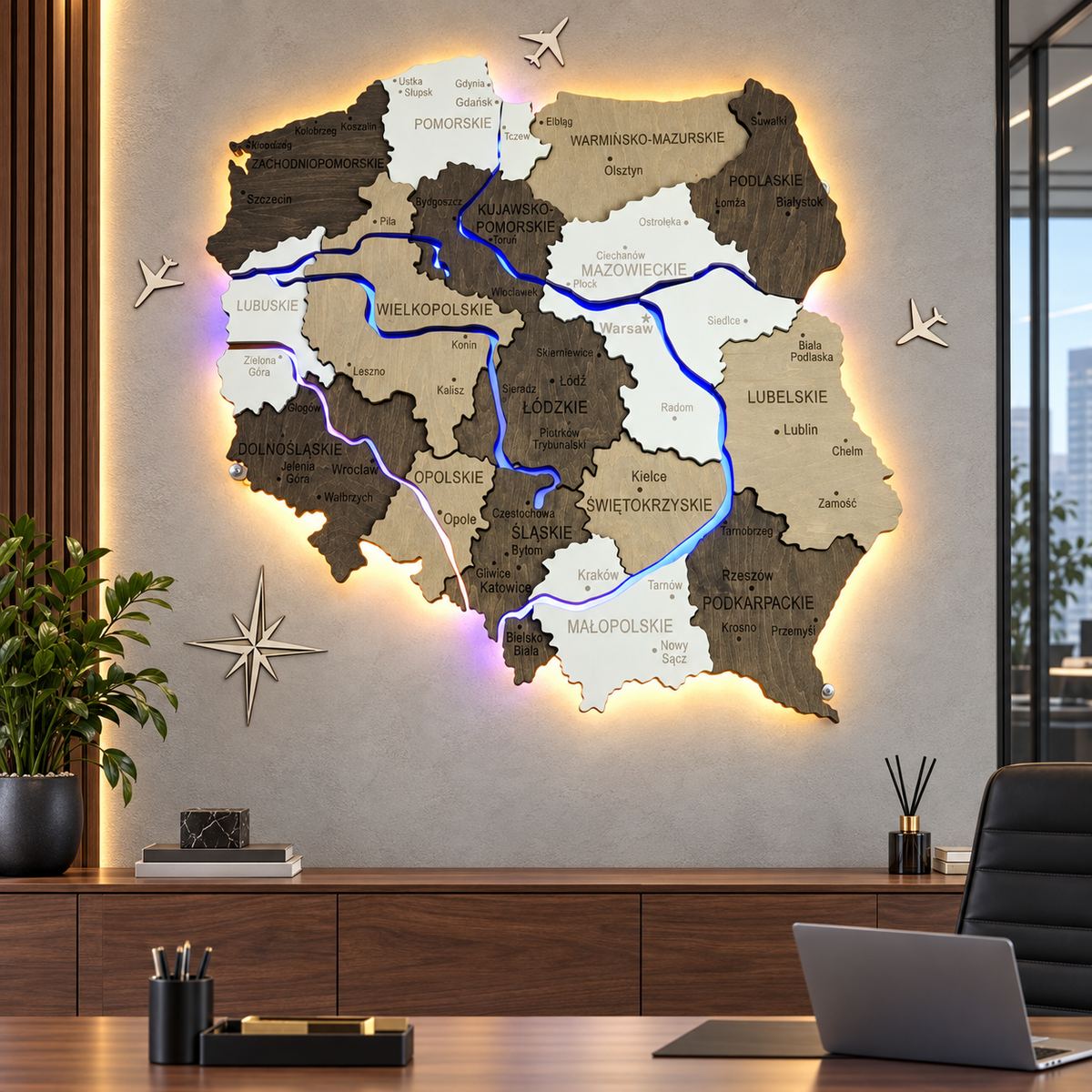 Wielowarstwowa mapa Polski z podświetlonymi rzekami, kolor Czarno-Biały