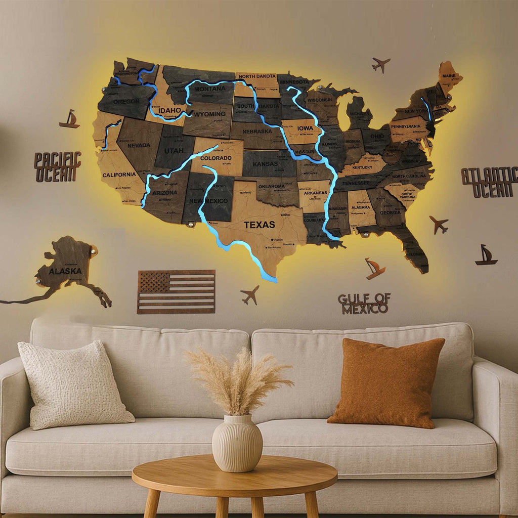 Wooden USA Map With LED – With Rivers, color Brut — buy | FACTURA
