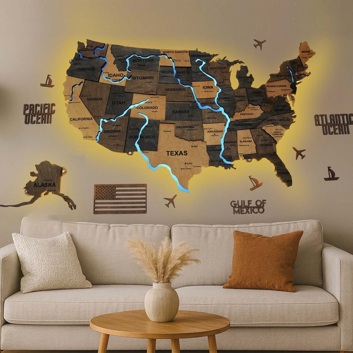 Wooden USA Map With LED – With Rivers, color Brut — buy | FACTURA