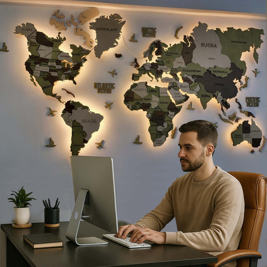 Drewniana mapa świata 3D LED wielowarstwowa, kolor Verde