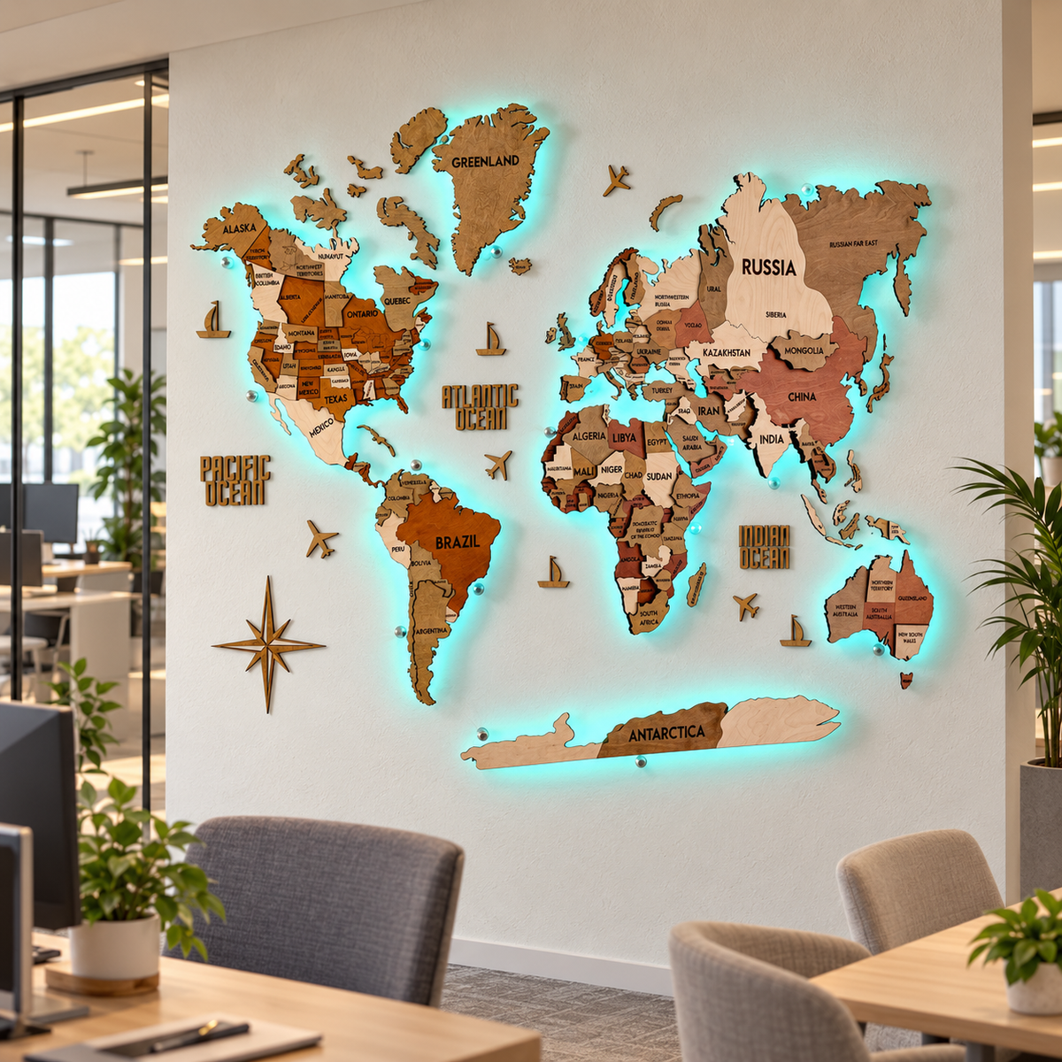Drewniana mapa świata 3D LED wielowarstwowa, kolor Memphis