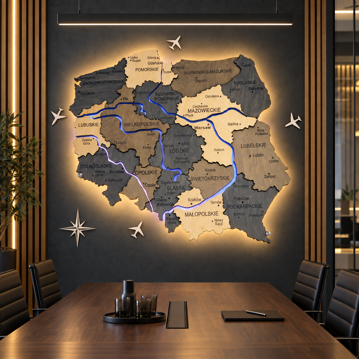Wielowarstwowa mapa Polski z podświetlonymi rzekami, kolor Brute