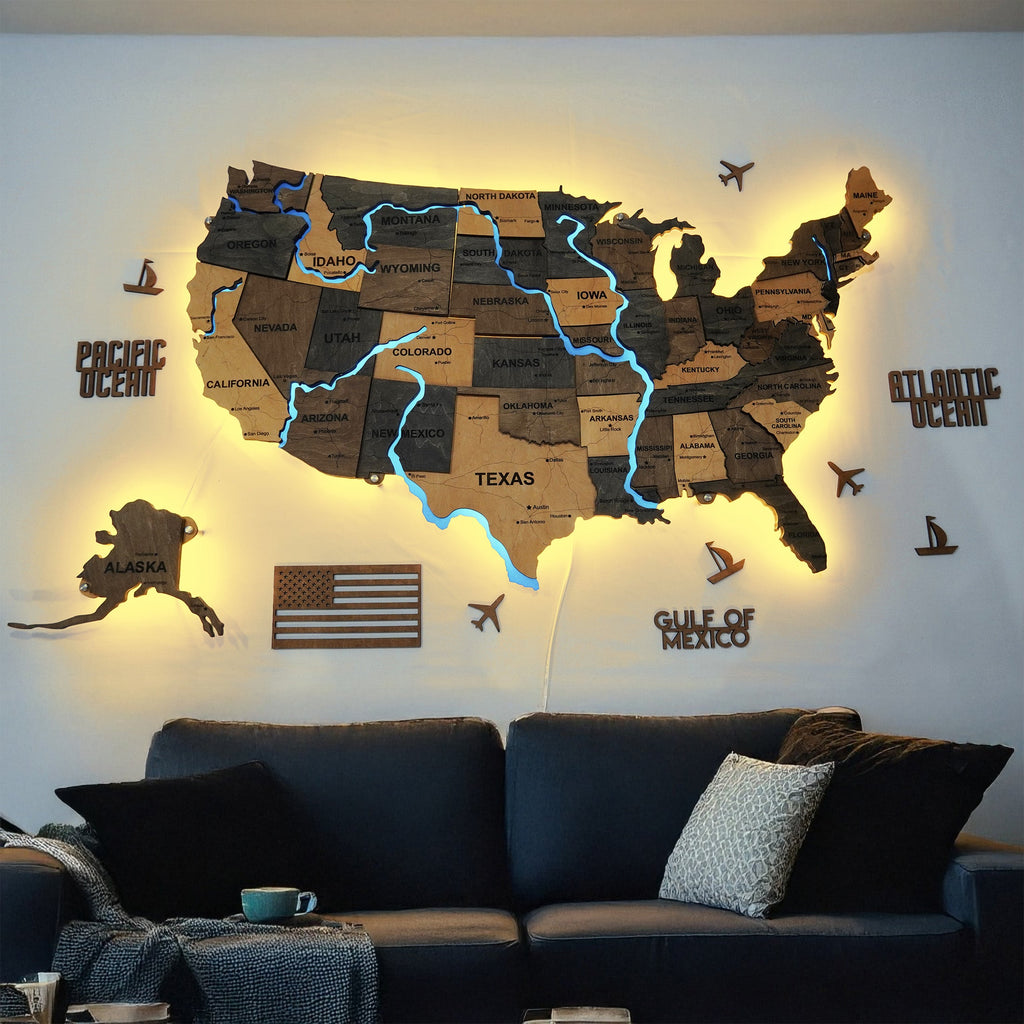 Wooden USA Map With LED – With Rivers, color Brut — buy | FACTURA