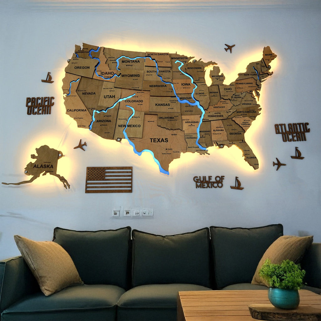 Wooden USA Map With LED – With Rivers, color Light Tree — buy | FACTURA