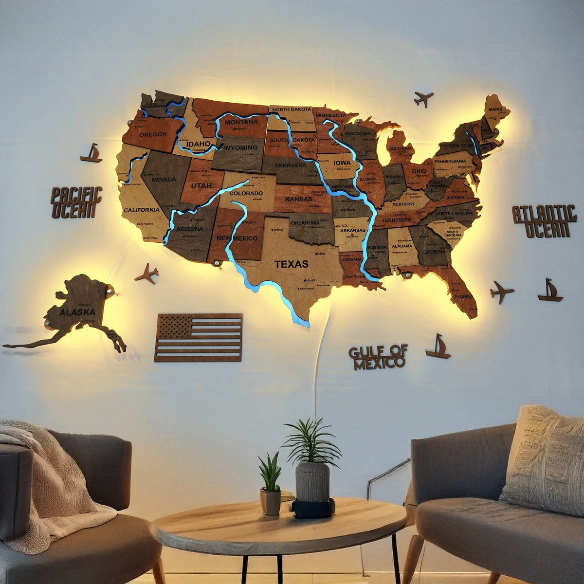 Wooden USA Map With LED – With Rivers, color Warm — buy | FACTURA