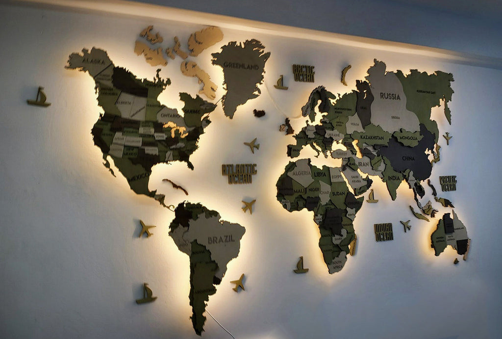 Drewniana mapa świata 3D LED wielowarstwowa, kolor Verde