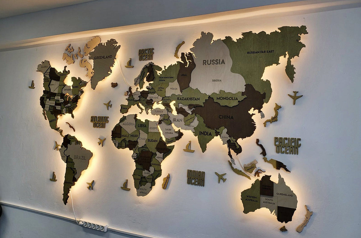 Drewniana mapa świata 3D LED wielowarstwowa, kolor Verde