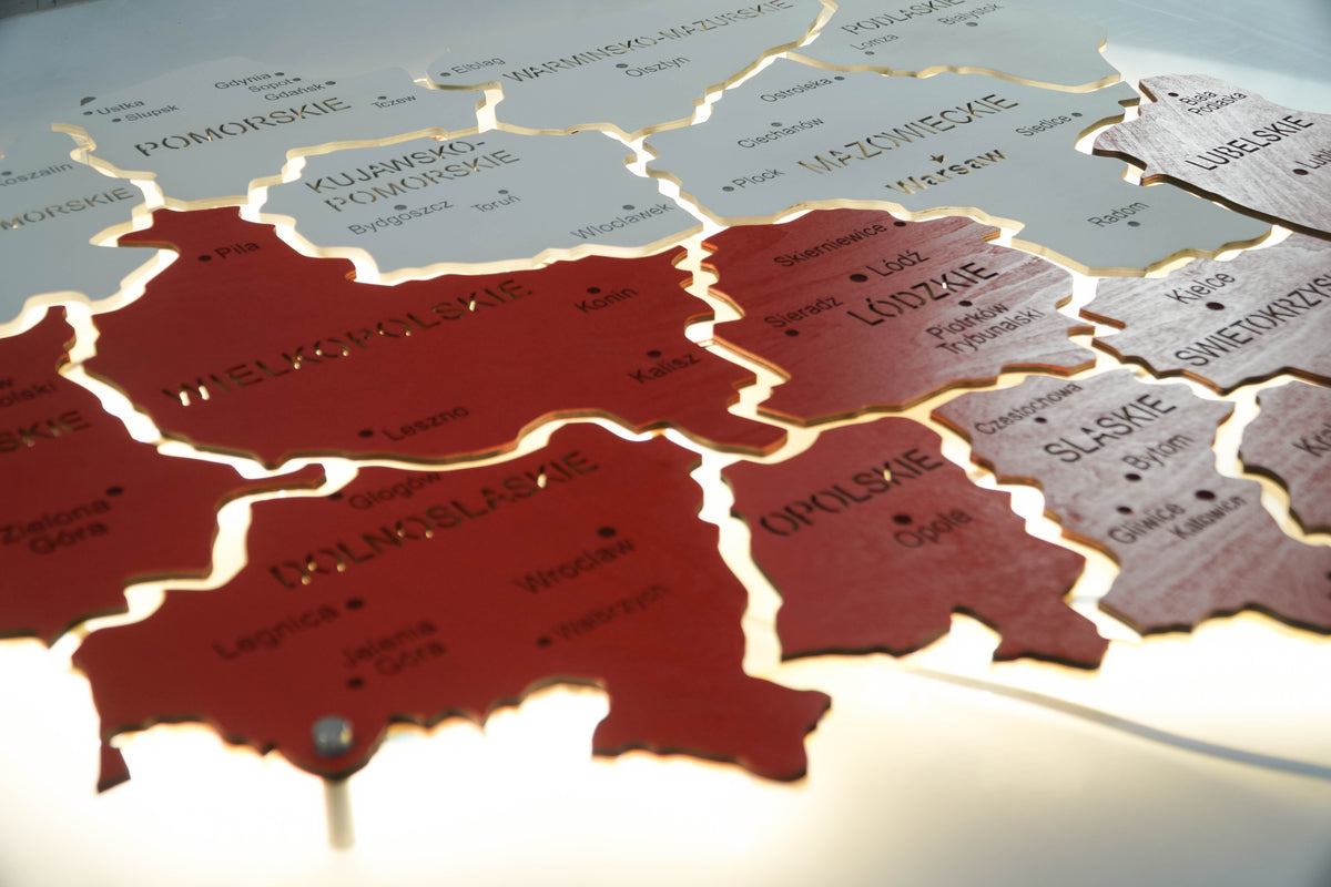 Mapa Polski LED na szkle akrylowym z podświetleniem między województwami kolor Flaga