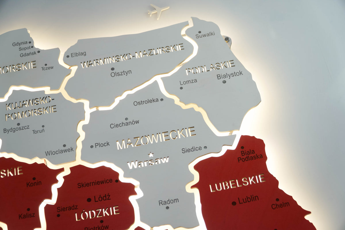 Mapa Polski LED na szkle akrylowym z podświetleniem między województwami kolor Flaga
