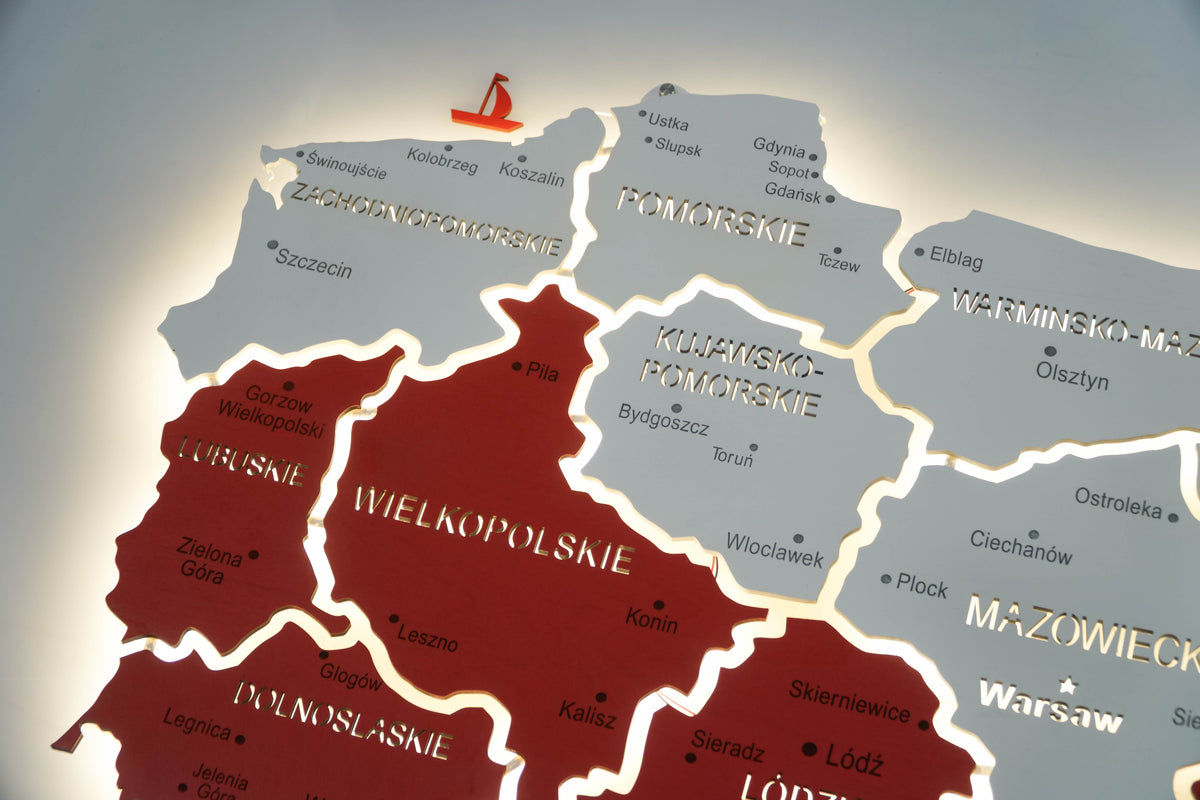 Mapa Polski LED na szkle akrylowym z podświetleniem między województwami kolor Flaga