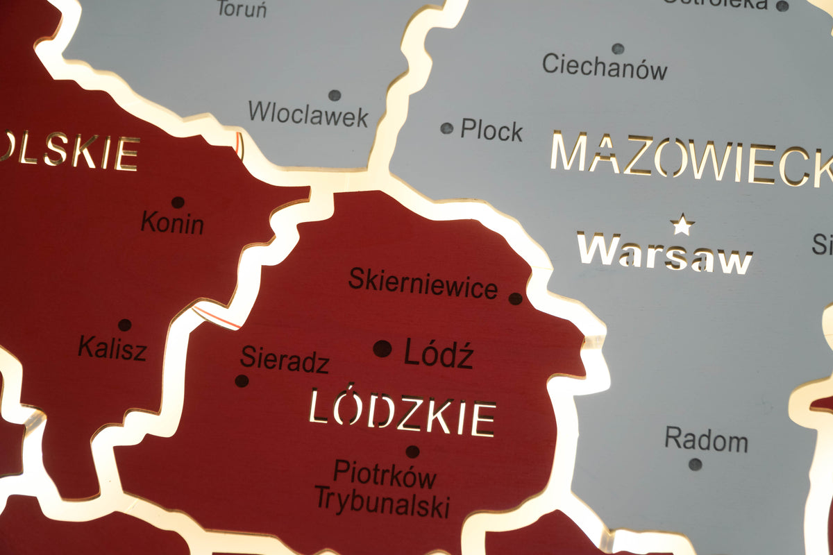 Mapa Polski LED na szkle akrylowym z podświetleniem między województwami kolor Flaga