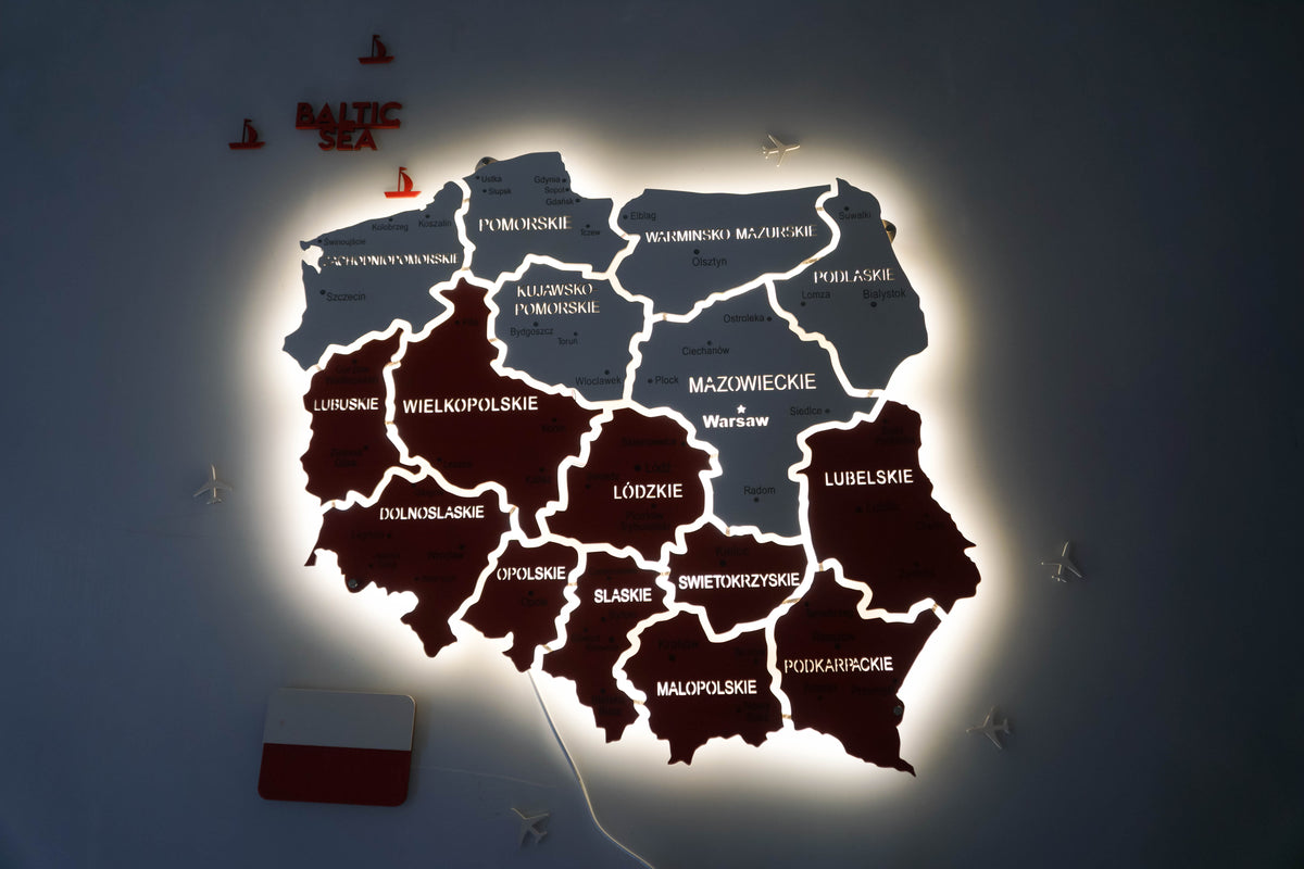 Mapa Polski LED na szkle akrylowym z podświetleniem między województwami kolor Flaga