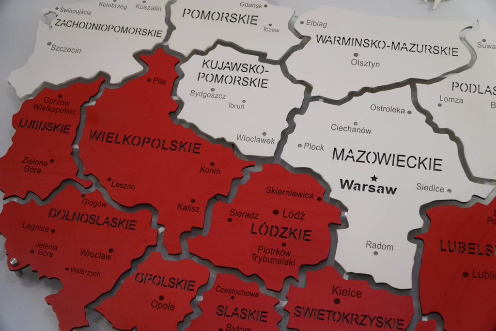 Mapa Polski LED na szkle akrylowym z podświetleniem między województwami kolor Flaga