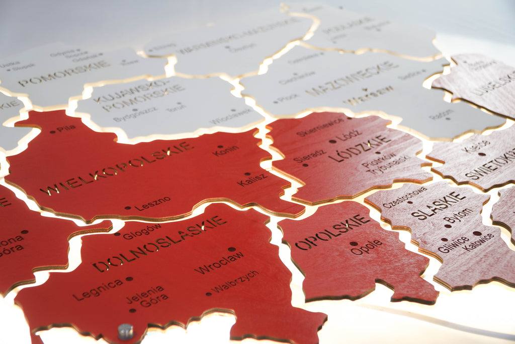 Mapa Polski LED na szkle akrylowym z podświetleniem między województwami kolor Flaga