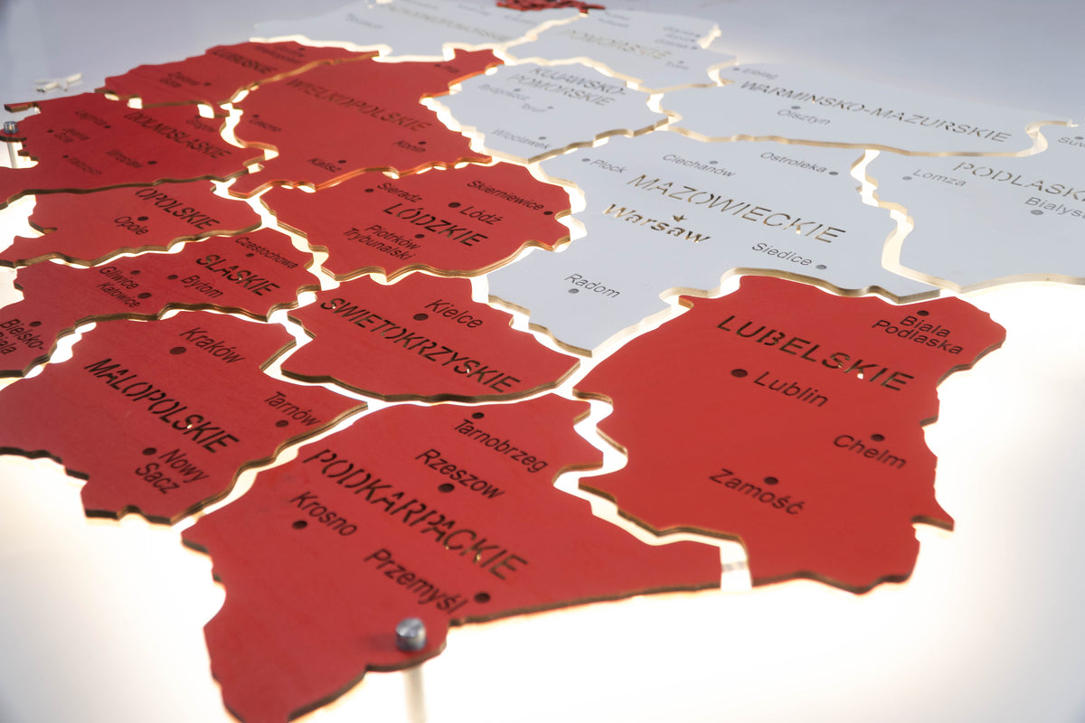 Mapa Polski LED na szkle akrylowym z podświetleniem między województwami kolor Flaga