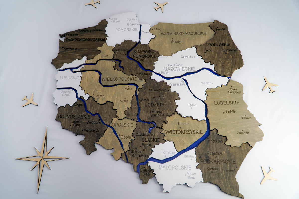 Wooden Multilayer Map of Poland with painted Rivers, color Black&White — buy | FACTURA