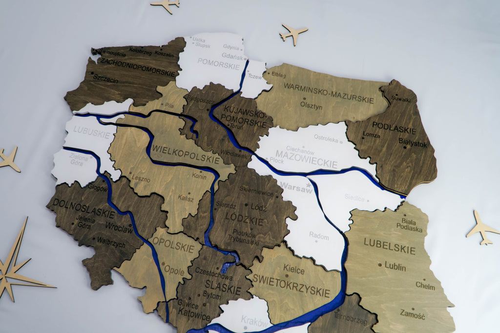 Wooden Multilayer Map of Poland with painted Rivers, color Black&White — buy | FACTURA