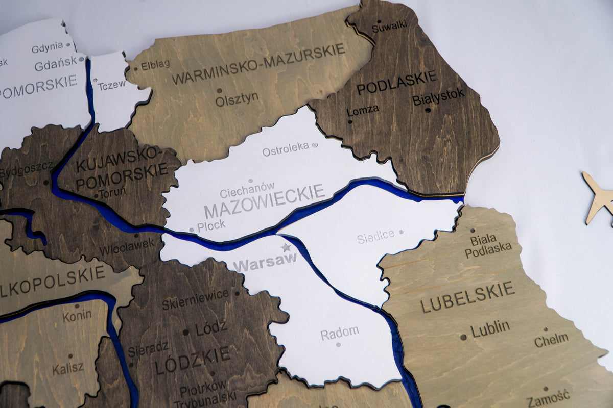 Wooden Multilayer Map of Poland with painted Rivers, color Black&White — buy | FACTURA