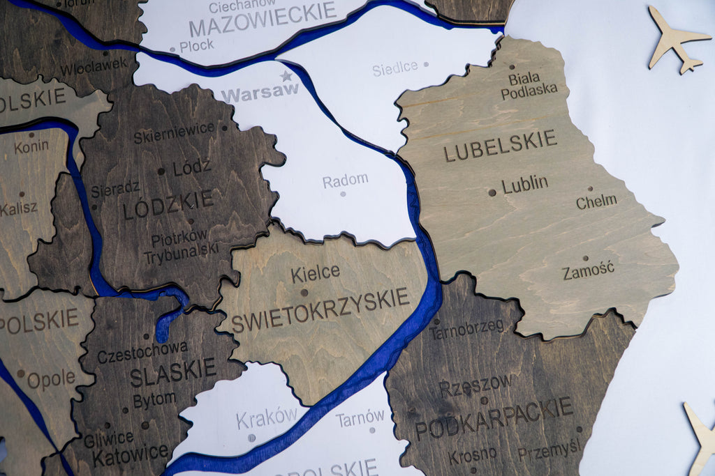 Wooden Multilayer Map of Poland with painted Rivers, color Black&White — buy | FACTURA
