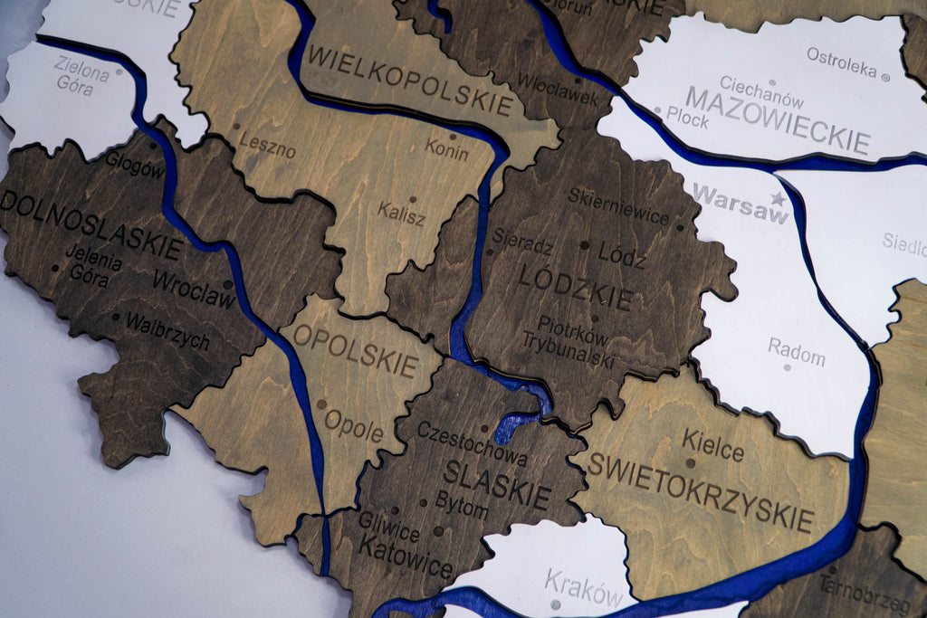 Wooden Multilayer Map of Poland with painted Rivers, color Black&White — buy | FACTURA