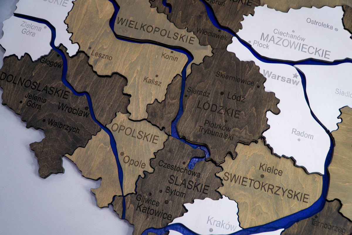 Wooden Multilayer Map of Poland with painted Rivers, color Black&White — buy | FACTURA