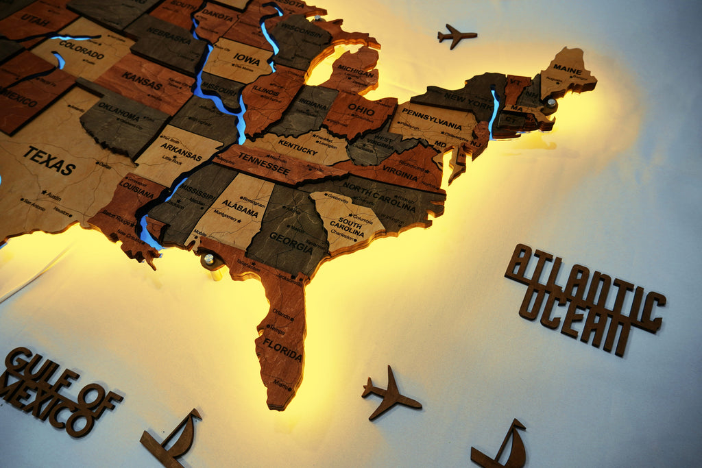 Wooden USA Map With LED – With Rivers, color Warm — buy | FACTURA