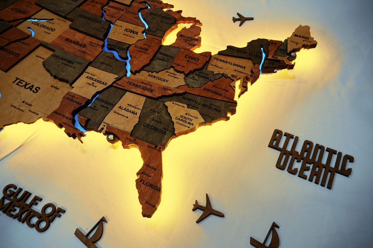 Wooden USA Map With LED – With Rivers, color Warm — buy | FACTURA