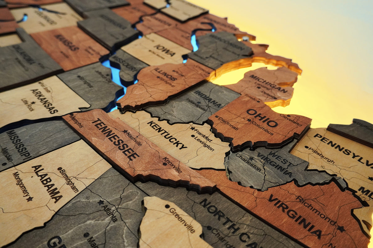Wooden USA Map With LED – With Rivers, color Warm — buy | FACTURA
