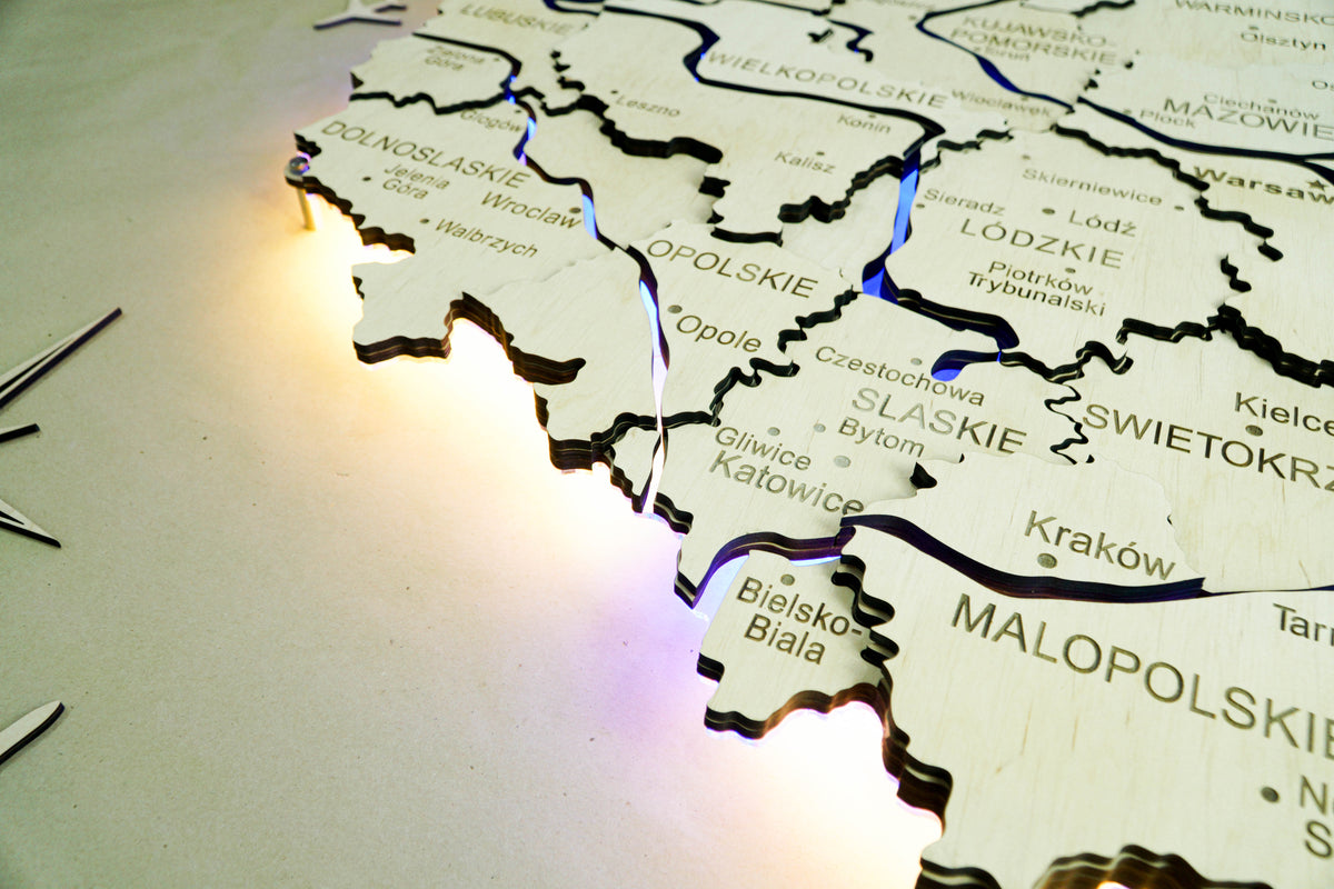 Wooden Multilayer Map of Poland with Illuminated Rivers, color Natural — buy | FACTURA