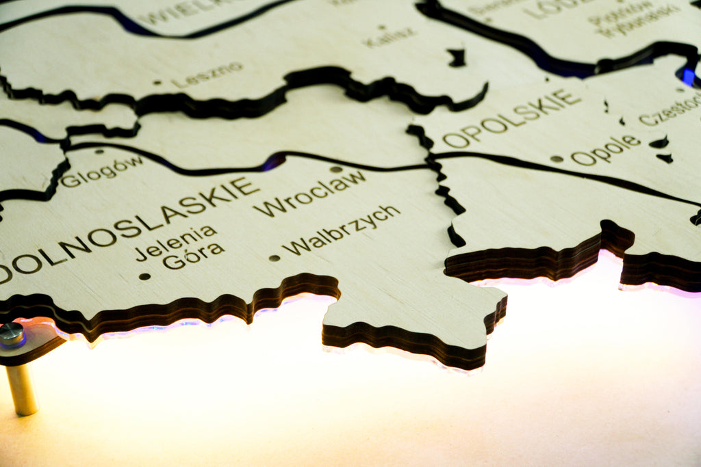 Wooden Multilayer Map of Poland with Illuminated Rivers, color Natural — buy | FACTURA