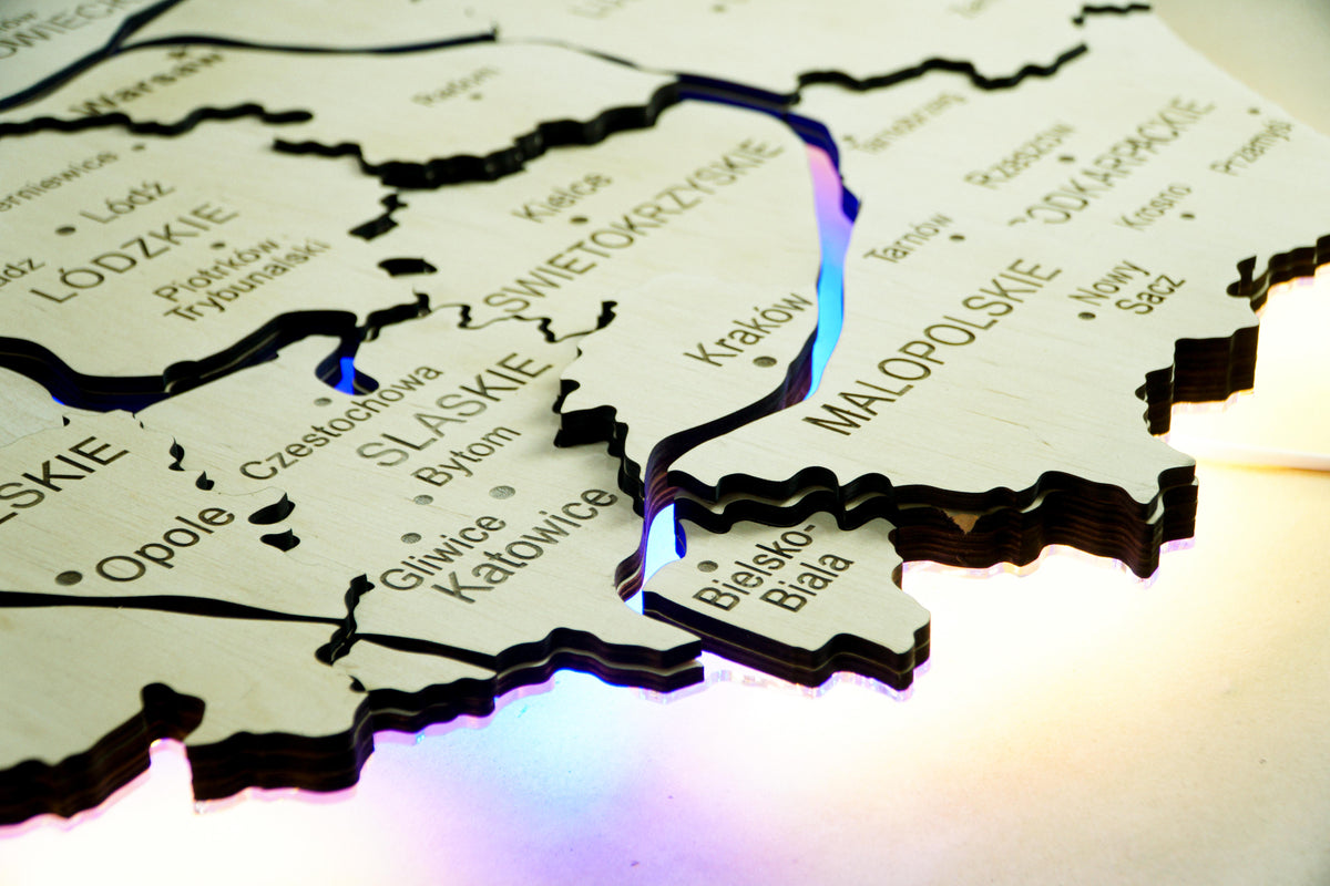 Wooden Multilayer Map of Poland with Illuminated Rivers, color Natural — buy | FACTURA