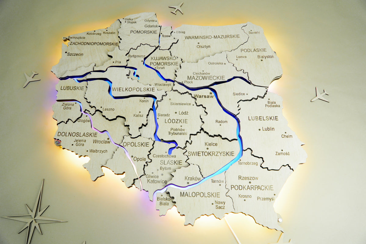 Wooden Multilayer Map of Poland with Illuminated Rivers, color Natural — buy | FACTURA