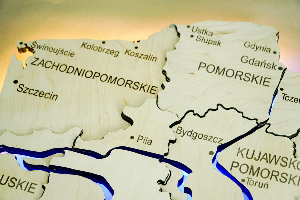 Wooden Multilayer Map of Poland with Illuminated Rivers, color Natural — buy | FACTURA