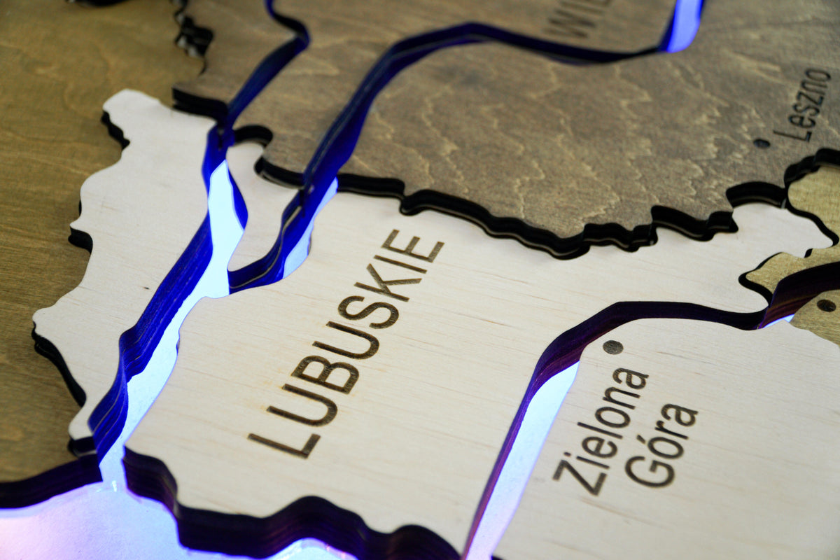 Wooden Multilayer Map of Poland with Illuminated Rivers, color Wonder — buy | FACTURA