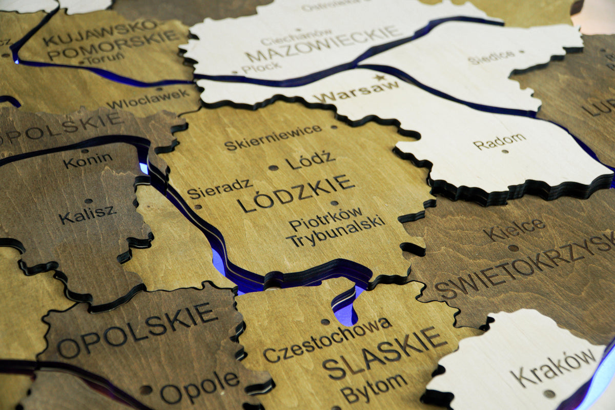 Wooden Multilayer Map of Poland with Illuminated Rivers, color Wonder — buy | FACTURA