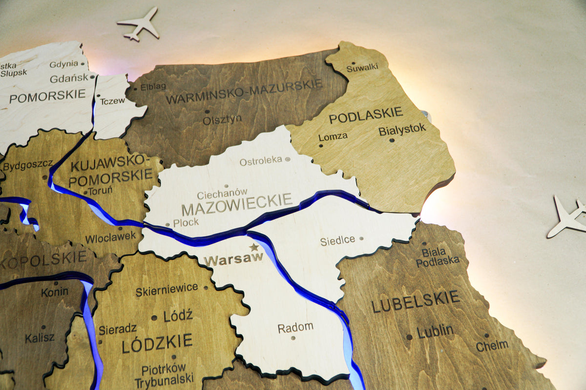 Wooden Multilayer Map of Poland with Illuminated Rivers, color Wonder — buy | FACTURA