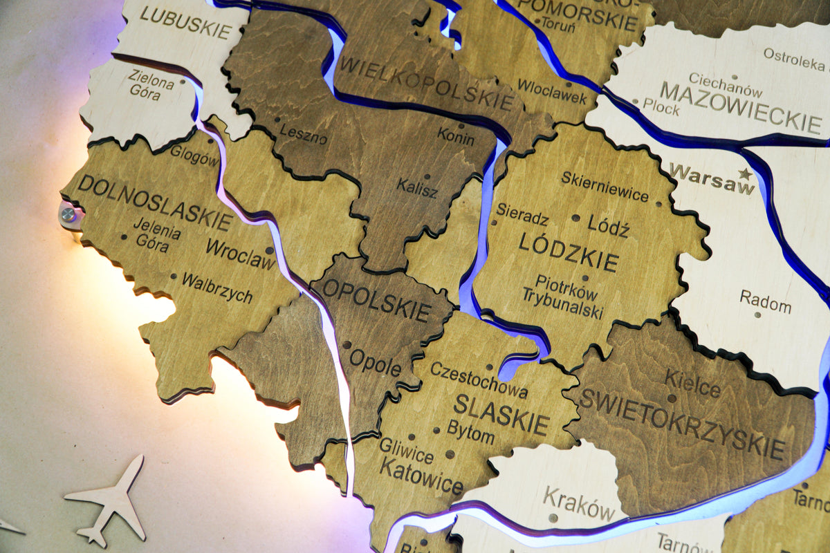 Wooden Multilayer Map of Poland with Illuminated Rivers, color Wonder — buy | FACTURA