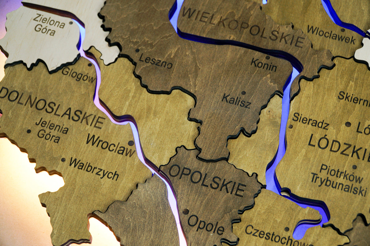 Wooden Multilayer Map of Poland with Illuminated Rivers, color Wonder — buy | FACTURA