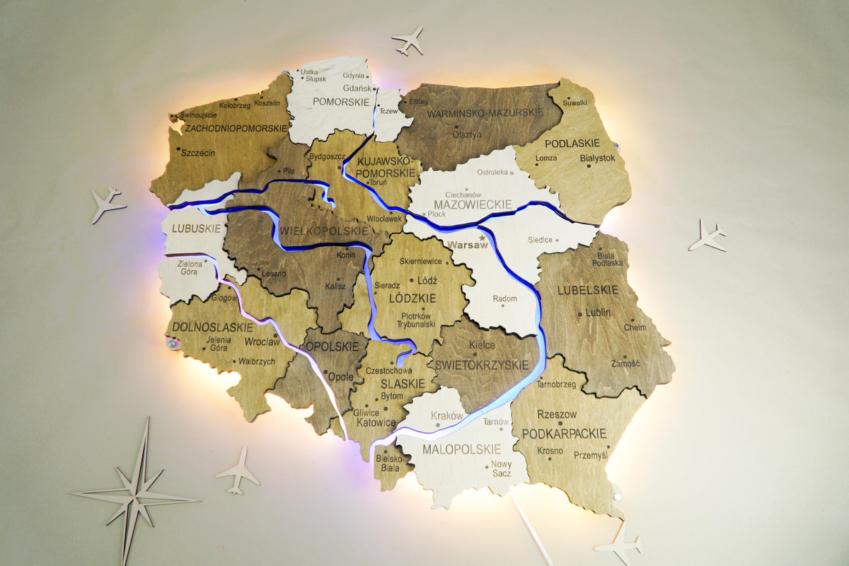 Wooden Multilayer Map of Poland with Illuminated Rivers, color Wonder — buy | FACTURA